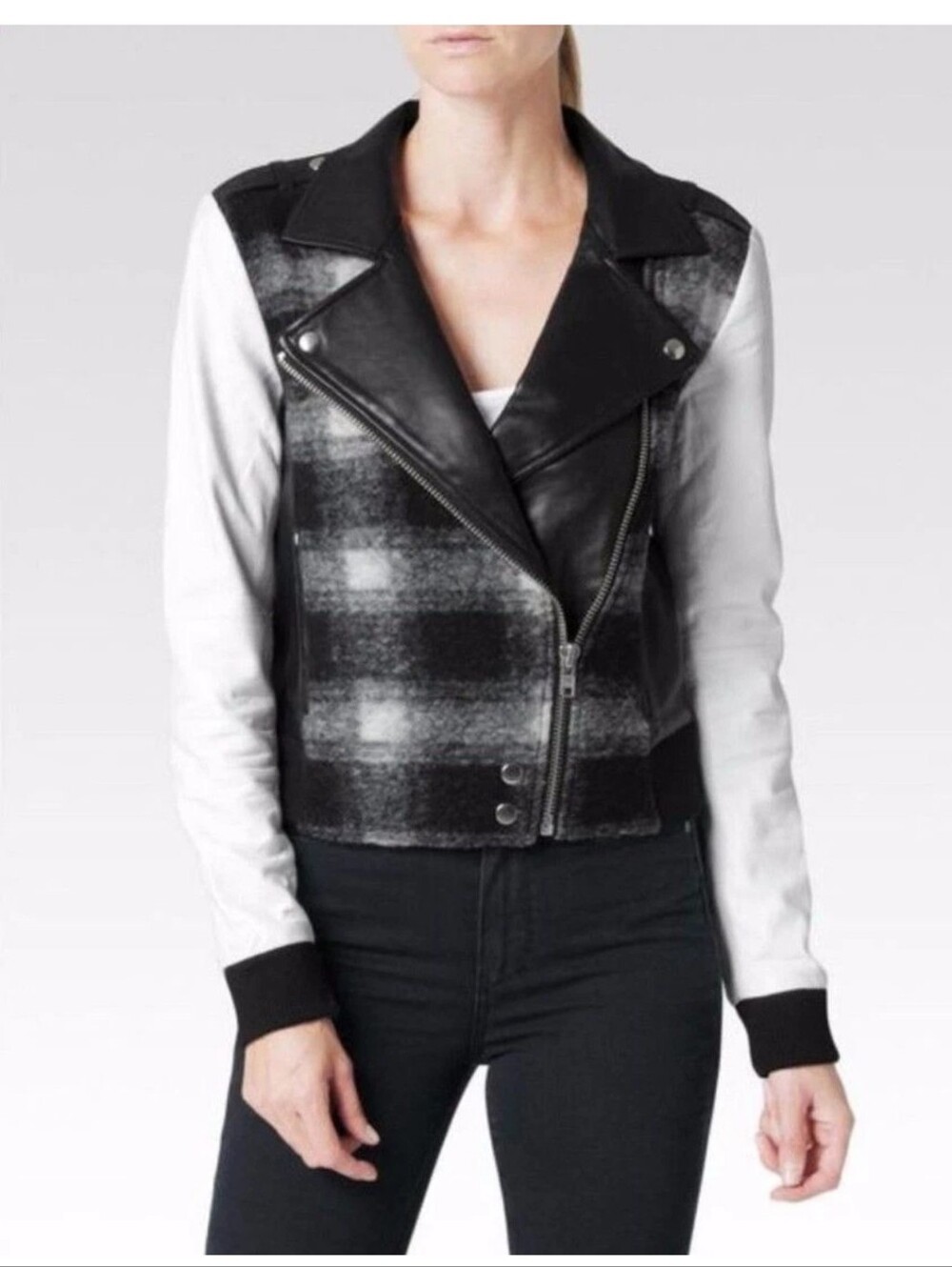 Paige Denim Shelley Leather Wool Blend Plaid White Moto Jacket SZ XS NWT $898